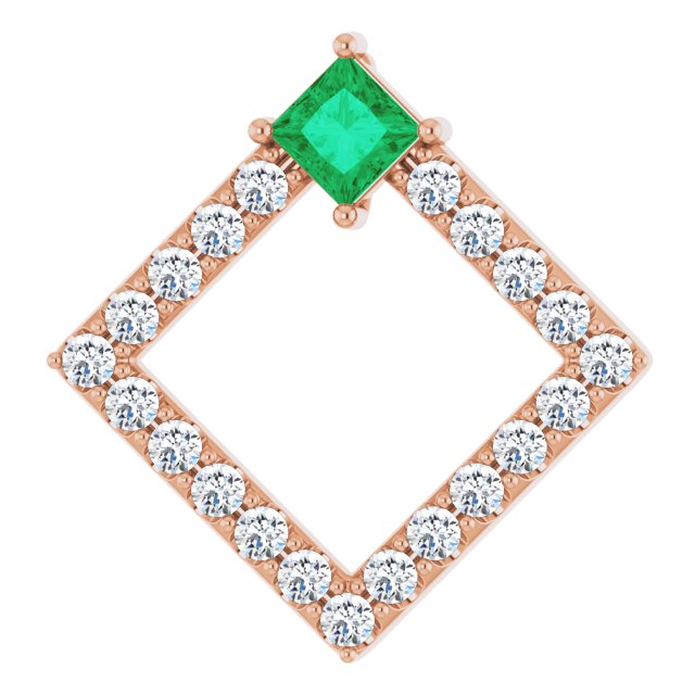 14K Gold Square Natural Emerald Accented Geometric Necklace or Pendant - Rose Gold