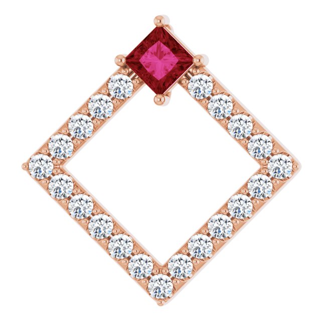 14K Gold Square Natural Ruby Accented Geometric Necklace or Pendant - Rose Gold