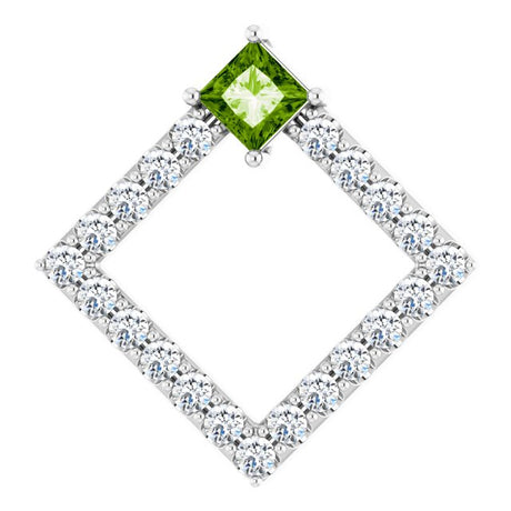 Platinum Square Natural Peridot Accented Geometric Necklace or Pendant