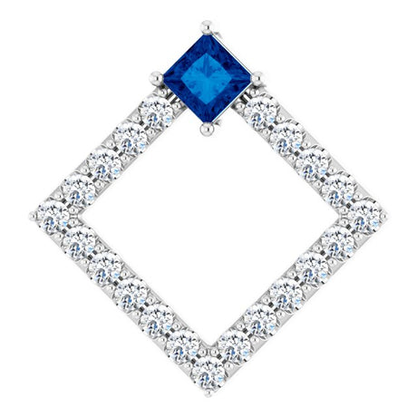 Platinum Square Natural Blue Sapphire Accented Geometric Necklace or Pendant