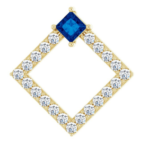 14K Gold Square Natural Blue Sapphire Accented Geometric Necklace or Pendant - Yellow Gold