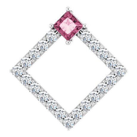 Platinum Square Natural Pink Tourmaline Accented Geometric Necklace or Pendant