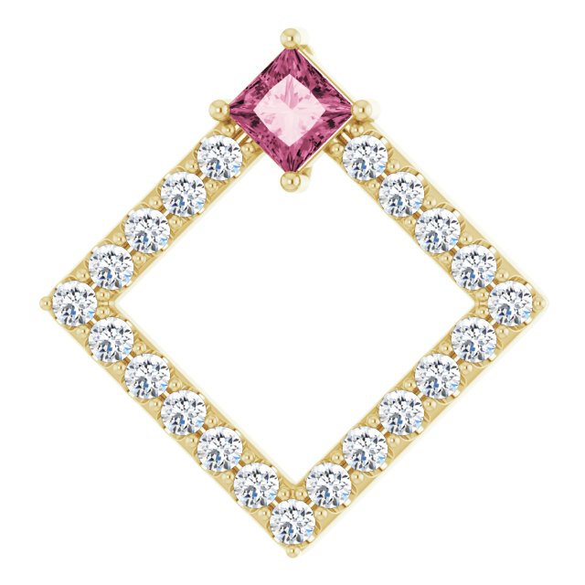 14K Gold Square Natural Pink Tourmaline Accented Geometric Necklace or Pendant - Yellow Gold