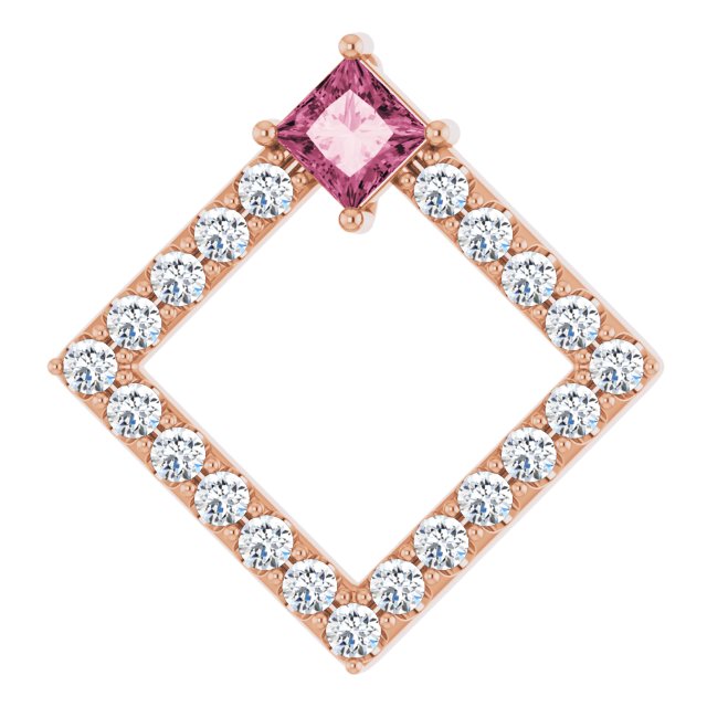 14K Gold Square Natural Pink Tourmaline Accented Geometric Necklace or Pendant - Rose Gold