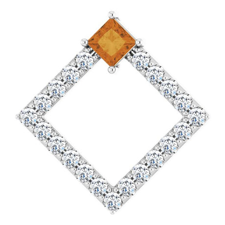 Platinum Square Natural Citrine Accented Geometric Necklace or Pendant