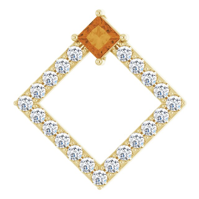 14K Gold Square Natural Citrine Accented Geometric Necklace or Pendant - Yellow Gold