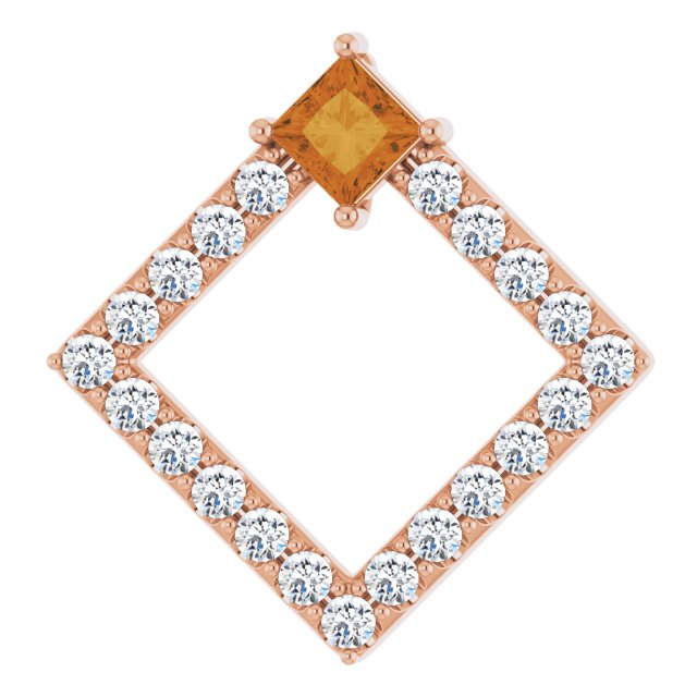 14K Gold Square Natural Citrine Accented Geometric Necklace or Pendant - Rose Gold