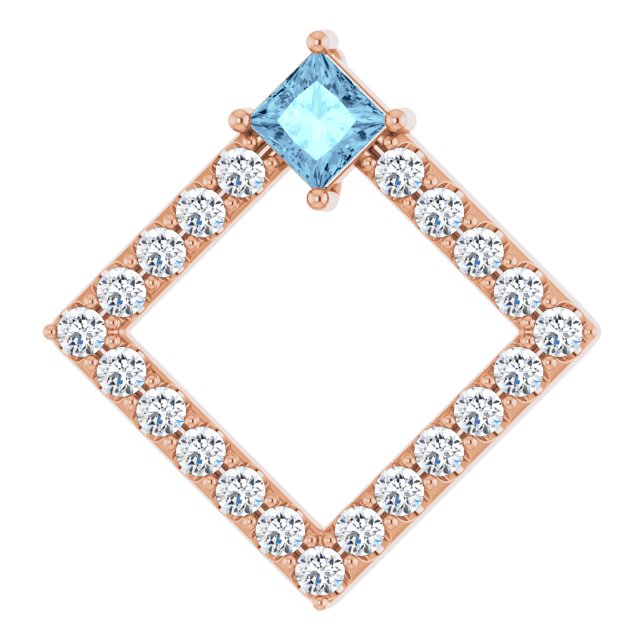 14K Gold Square Natural Aquamarine Accented Geometric Necklace or Pendant - Rose Gold