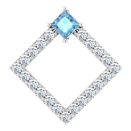 Platinum Square Natural Aquamarine Accented Geometric Necklace or Pendant