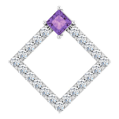 Platinum Square Natural Amethyst Accented Geometric Necklace or Pendant