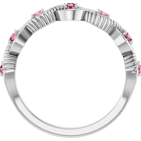 Platinum Round Natural Pink Tourmaline Accented Stackable Ring – 2mm Stones - view 2