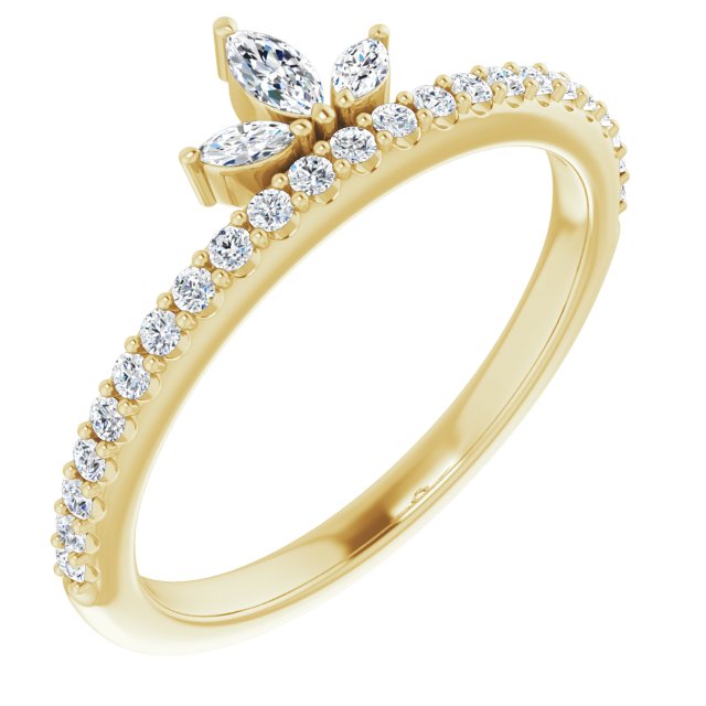 14K Gold Marquise Natural Diamond Accented Stackable Crown Ring - Yellow Gold