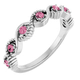 14K Gold Round Natural Pink Tourmaline Accented Stackable Ring – 2mm Stones - White Gold