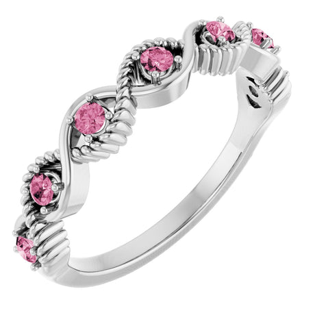 14K Gold Round Natural Pink Tourmaline Accented Stackable Ring – 2mm Stones - White Gold