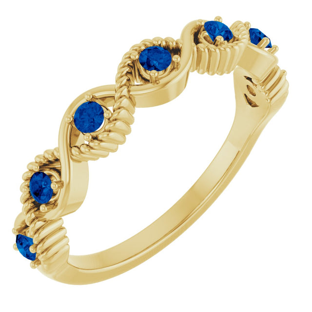 14K Gold Round Lab-Grown Blue Sapphire Accented Stackable Ring - Yellow Gold
