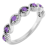 14K Gold Round Natural Amethyst Accented Stackable Ring – 2mm Stones - White Gold