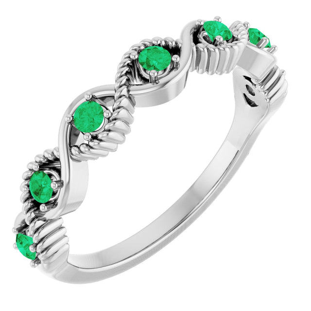 14K Gold Round Natural Emerald Accented Stackable Ring – 2mm Stones - White Gold