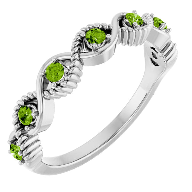 14K Gold Round Natural Peridot Accented Stackable Ring – 2mm Stones - White Gold