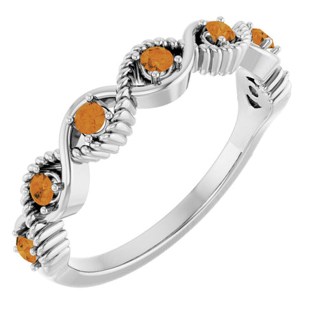 14K Gold Round Natural Citrine Accented Stackable Ring – 2mm Stones - White Gold