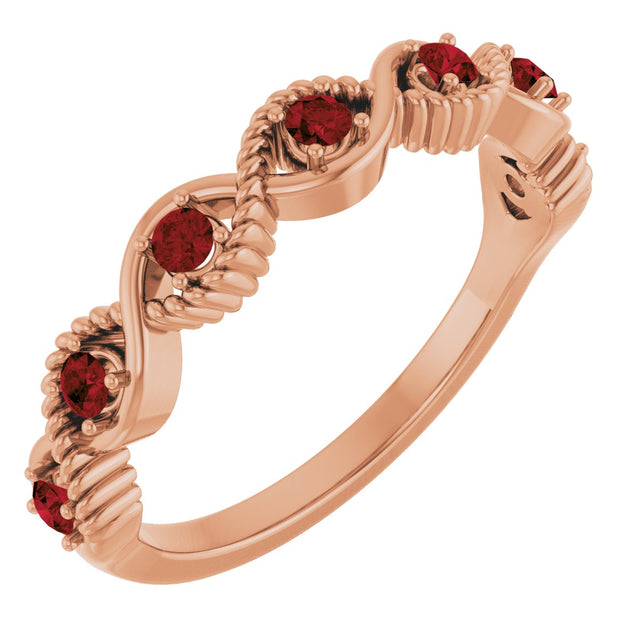 14K Gold Round Natural Mozambique Garnet Accented Stackable Ring – 2mm Stones - Rose Gold