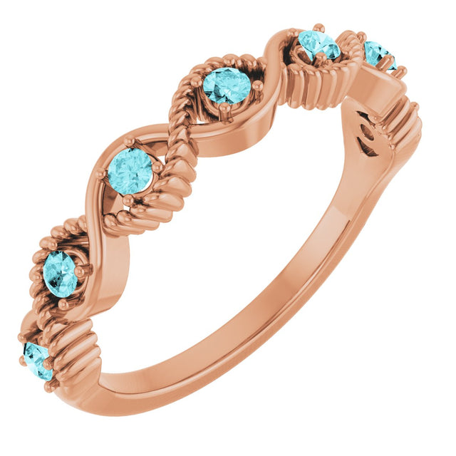 14K Gold Round Natural Blue Zircon Accented Stackable Ring – 2mm Stones - Rose Gold