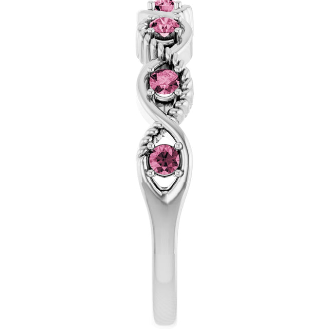 Platinum Round Natural Pink Tourmaline Accented Stackable Ring – 2mm Stones - view 4