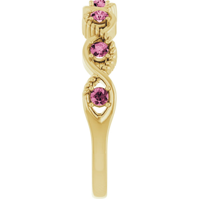 14K Gold Round Natural Pink Tourmaline Accented Stackable Ring – 2mm Stones - Yellow Gold - view 4