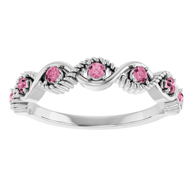 Platinum Round Natural Pink Tourmaline Accented Stackable Ring – 2mm Stones - view 3