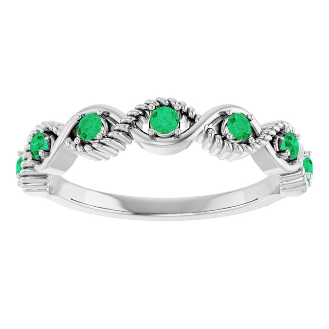 Platinum Round Natural Emerald Accented Stackable Ring – 2mm Stones - view 3