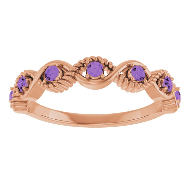 14K Gold Round Natural Amethyst Accented Stackable Ring – 2mm Stones - Rose Gold - view 3