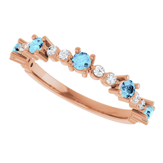 14K Gold Round Natural Aquamarine Accented Stackable Ring – 2.5mm Stones - Rose Gold - view 5