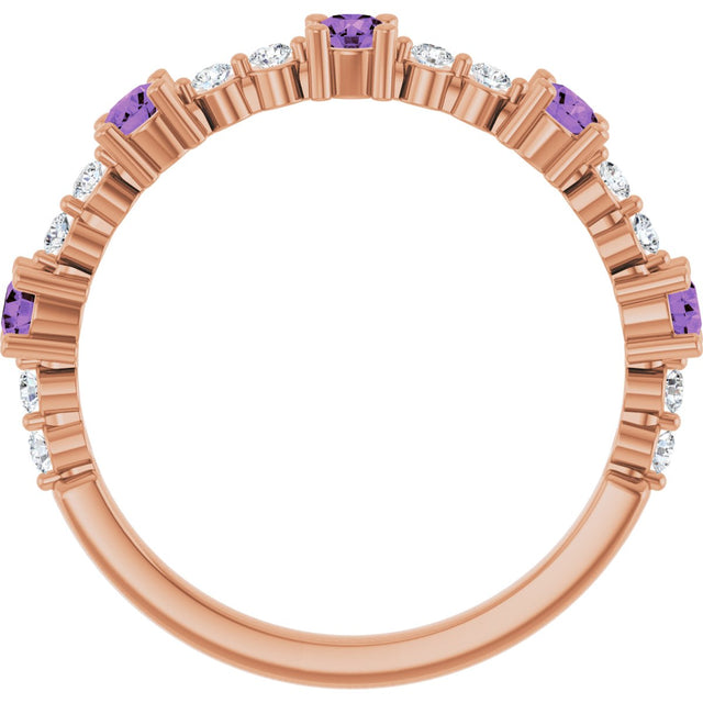 14K Gold Round Natural Amethyst Accented Stackable Ring – 2.5mm Stones - Rose Gold - view 2