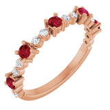 14K Gold Round Natural Ruby Accented Stackable Ring – 2.5mm Stones - Rose Gold