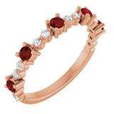 14K Gold Round Natural Mozambique Garnet Accented Stackable Ring – 2.5mm Stones - Rose Gold