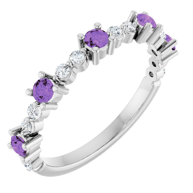 14K Gold Round Natural Amethyst Accented Stackable Ring – 2.5mm Stones - White Gold