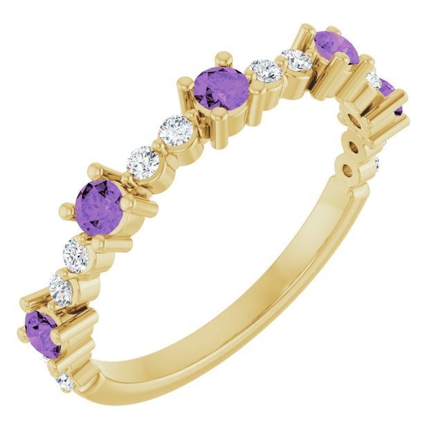 14K Gold Round Natural Amethyst Accented Stackable Ring – 2.5mm Stones - Yellow Gold