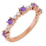 14K Gold Round Natural Amethyst Accented Stackable Ring – 2.5mm Stones - Rose Gold