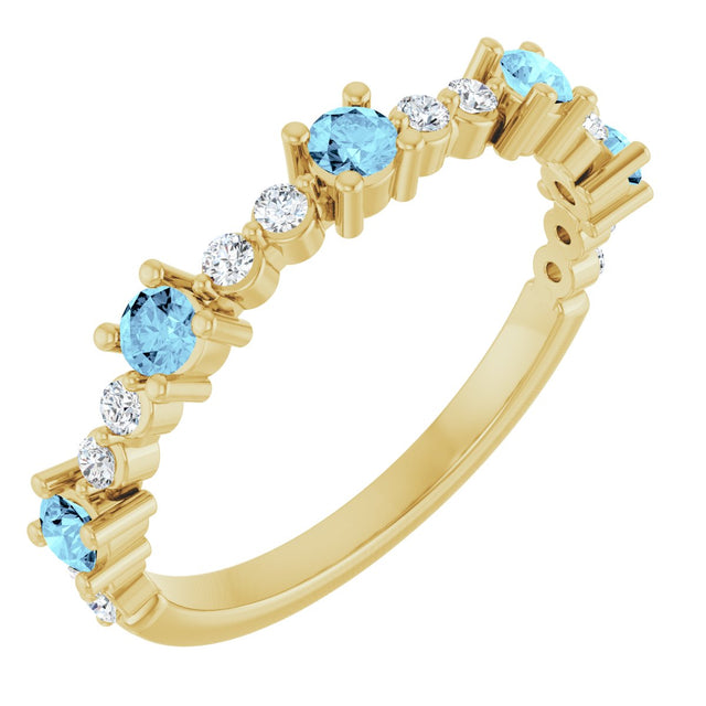14K Gold Round Natural Aquamarine Accented Stackable Ring – 2.5mm Stones - Yellow Gold