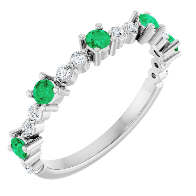 14K Gold Round Lab-Grown Emerald Accented Stackable Ring – 2.5mm Stones - White Gold