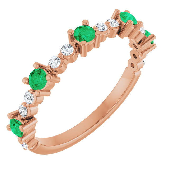 14K Gold Round Natural Emerald Accented Stackable Ring – 2.5mm Stones - Rose Gold