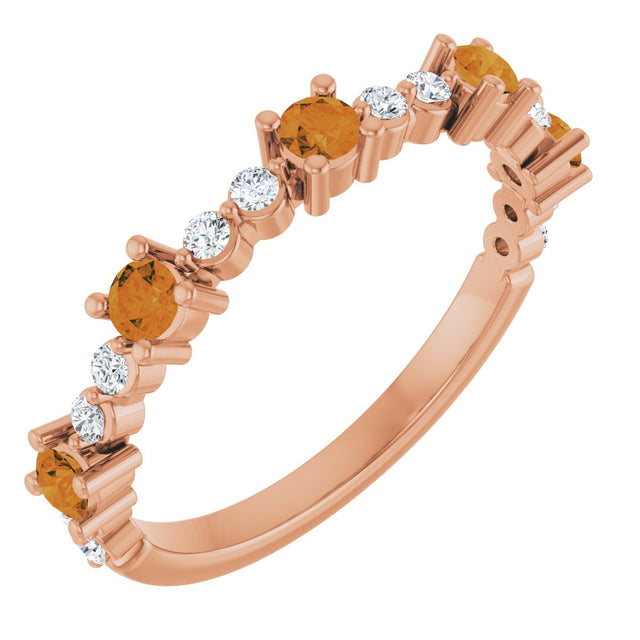 14K Gold Round Natural Citrine Accented Stackable Ring – 2.5mm Stones - Rose Gold