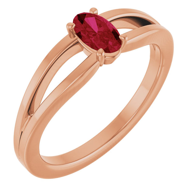 14K Gold Oval Lab-Grown Ruby Youth Birthstone Ring - Rose Gold