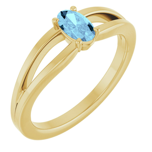 14K Gold Oval Natural Aquamarine Youth Birthstone Ring - Yellow Gold