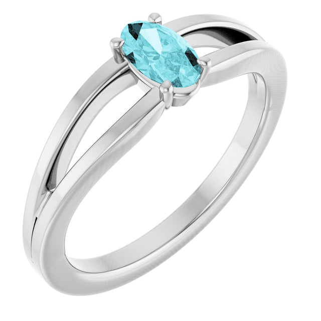 14K Gold Oval Natural Blue Zircon Youth Birthstone Ring - White Gold