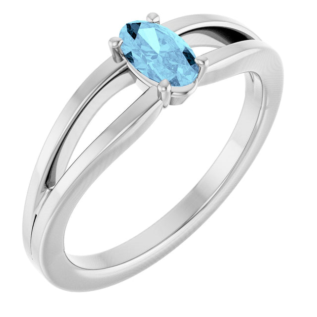 Platinum Oval Natural Aquamarine Youth Birthstone Ring
