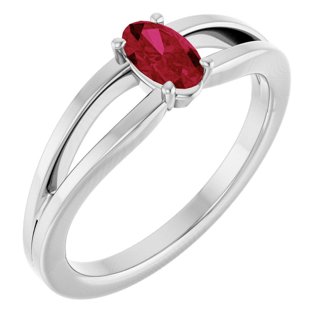 14K Gold Oval Lab-Grown Ruby Youth Birthstone Ring - White Gold