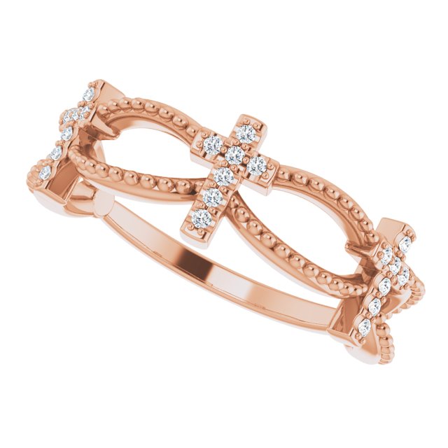 14K Gold Round Natural Diamond Accented Stackable Cross Ring – 1mm Stones - Rose Gold - view 5