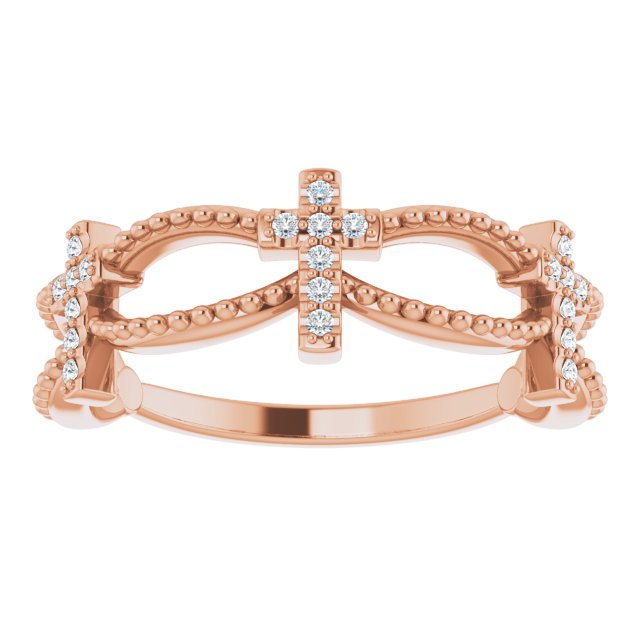 14K Gold Round Natural Diamond Accented Stackable Cross Ring – 1mm Stones - Rose Gold - view 3