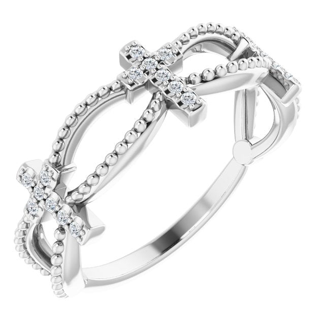 14K Gold Round Natural Diamond Accented Stackable Cross Ring – 1mm Stones - White Gold
