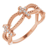 14K Gold Round Natural Diamond Accented Stackable Cross Ring – 1mm Stones - Rose Gold